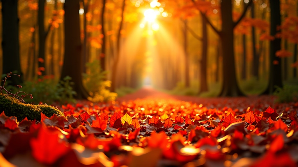 Herfstbos met rode en gele bladeren op de grond en bomen in herfstkleren
