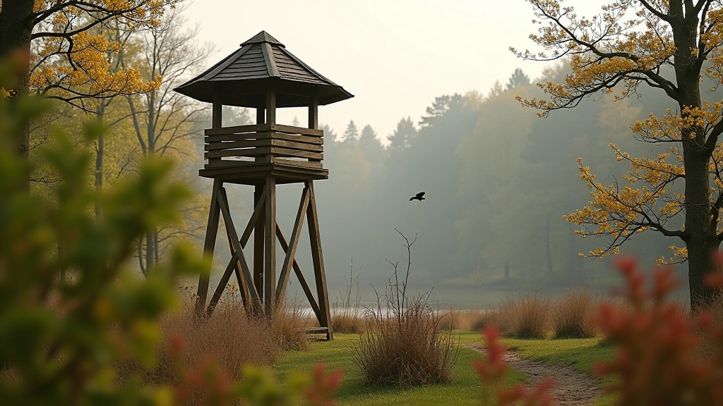 Vogelwachtingtoren in bosgebied, vogels zichtbaar in takken, natuurreservaat met struiken en water