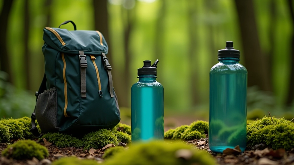 Verschillende soorten drinkflessen en waterpakken op een wandelingsrugzak in het bos