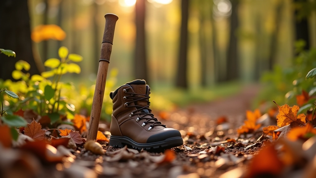 Close-up van wandelschoenen op een droog bospad met herfstbladeren
