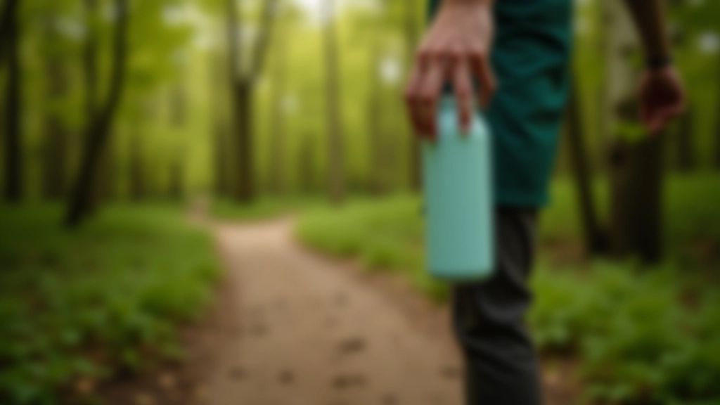 Iemand houdt een herbruikbare waterfles vast op bospad, natuurlijk daglicht, wandelende persoon in portret