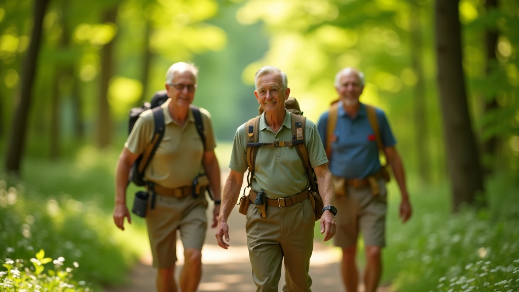 Senioren wandelen samen op een zonnig bospad door het Zoniënwoud met groene bladeren en natuurlijke lichtinval