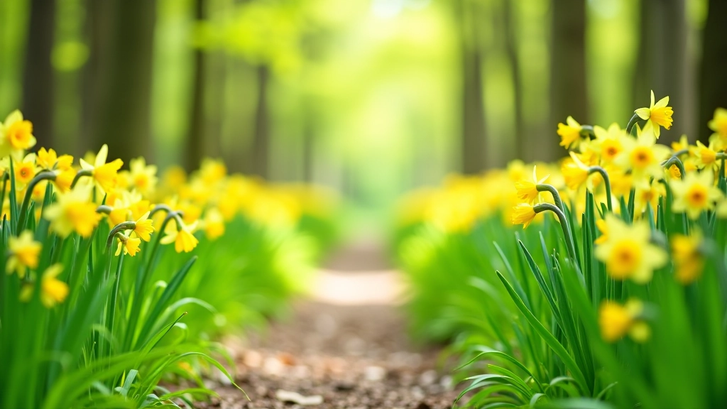 Bospad in de lente met bloeiende narcissen langs de kant en groen gebladerte