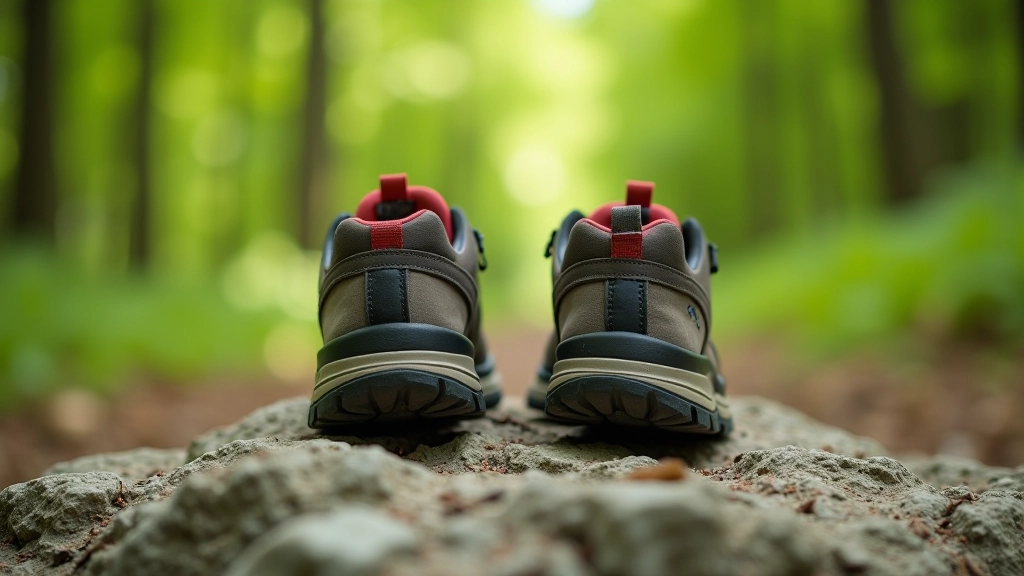 Twee paar professionele wandelschoenen op rots, close-up van zolen met grip patroon, bospad op achtergrond
