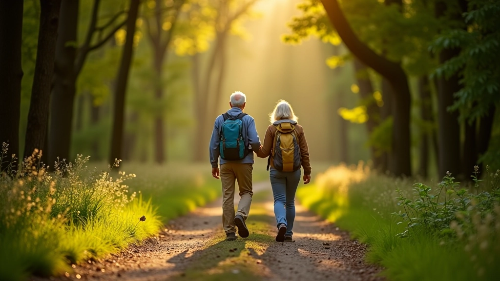 Twee senioren wandelen samen op een breed bospad met zonlicht dat door de bladeren schijnt